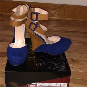 Stylish Royal Blue and Tan Suede Wedge Heels